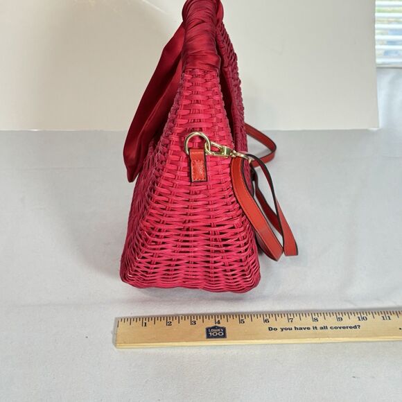 SCOOP Red Basket Handbag Round Woven Purse With Decorative Scarf - Picture 8 of 8